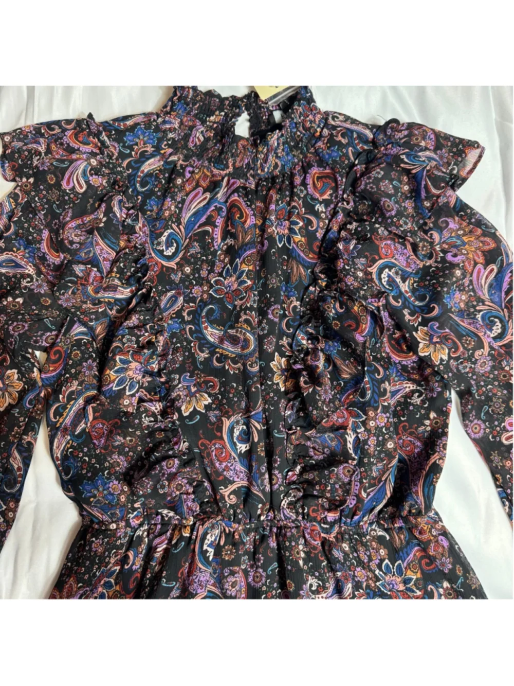 Women's Fate Black Multi-color Paisley Smocked Ruffle Long Sleeve Dress S